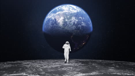 astronauta en traje espacial corriendo con baja gravedad en la superficie de la luna con fondo espacial estrellado.