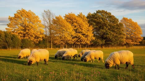 A tranquil autumn scene features a flock of grazing sheep in a serene green meadow, surrounded by vibrant trees adorned in golden foliage under a clear sky