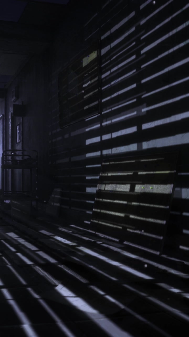 Light and shadows play in a dim corridor with wooden benches and bars
