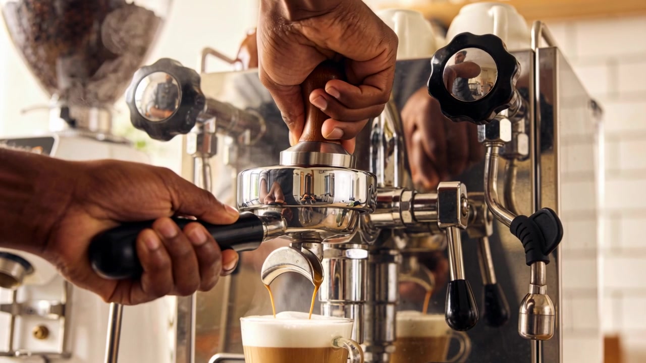 Pressatura del tamper nel portafiltro, mani che agganciano il gruppo ed erogano l'espresso nella tazza con latte montato.