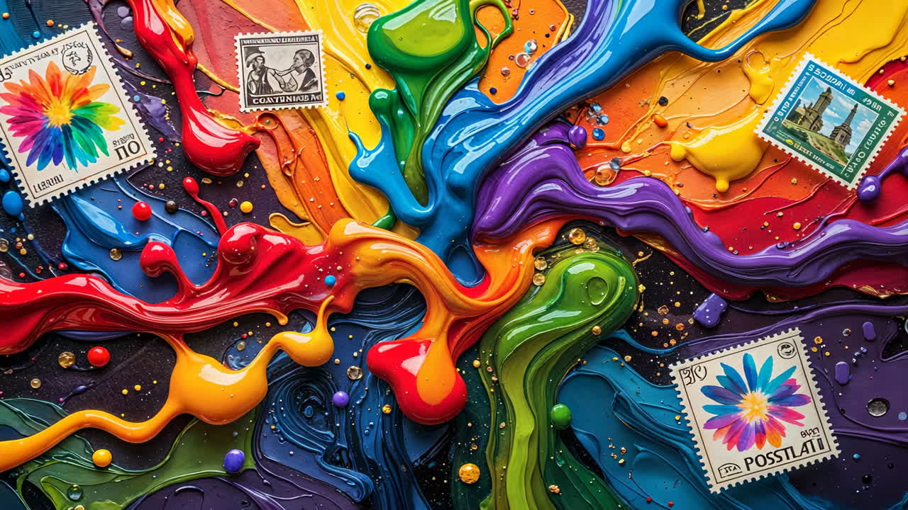 Vibrant Abstract Paint Swirls and Splatters with Rainbow Hues