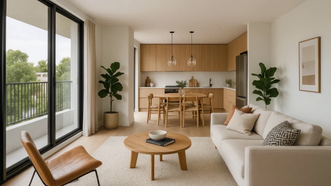 Modern open-plan living room and kitchen with neutral tones, captured from a wide-angle