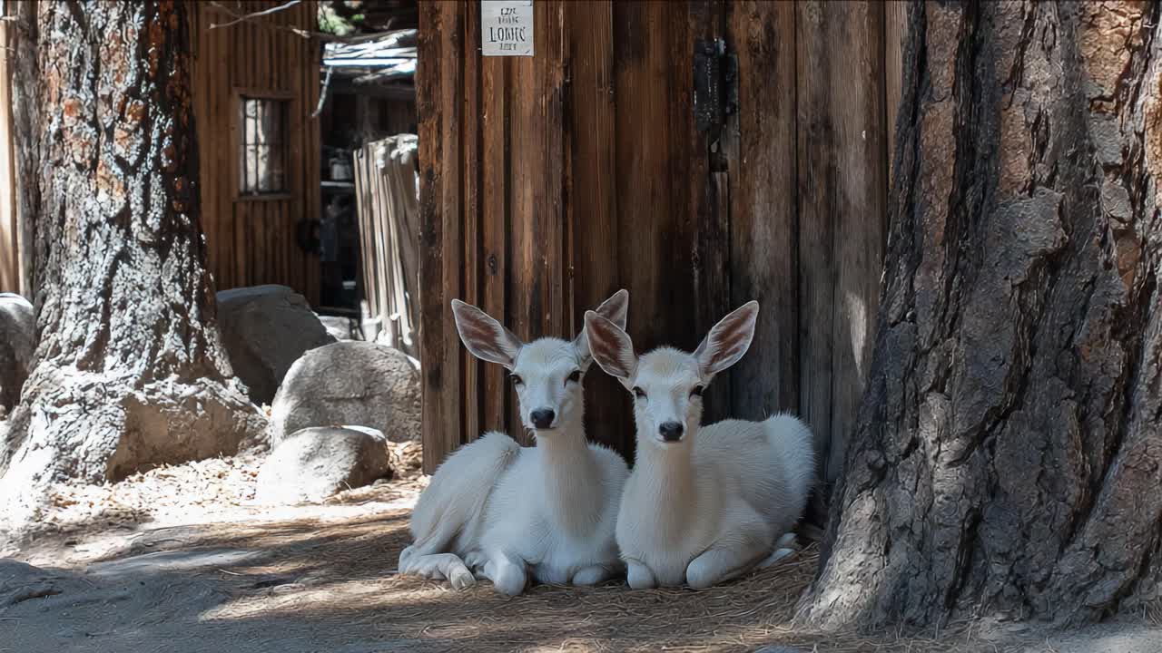 Un momento di serenità: due adorabili cerbiatti bianchi si riposano tranquillamente su uno sfondo rustico di legno in un ambiente naturale e tranquillo