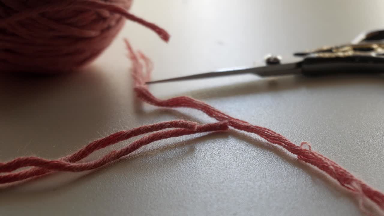slight camera movement too past a pastel coloured wool - threads of the wool and a shear lie on the table
