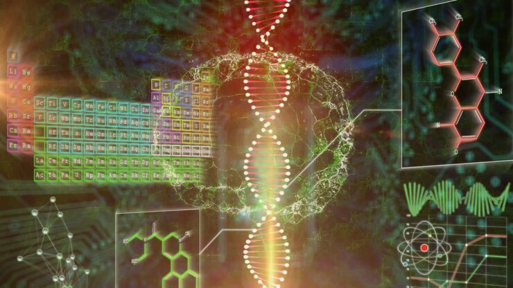 Animation of human brain rotating, dna with infographic data on digital interface