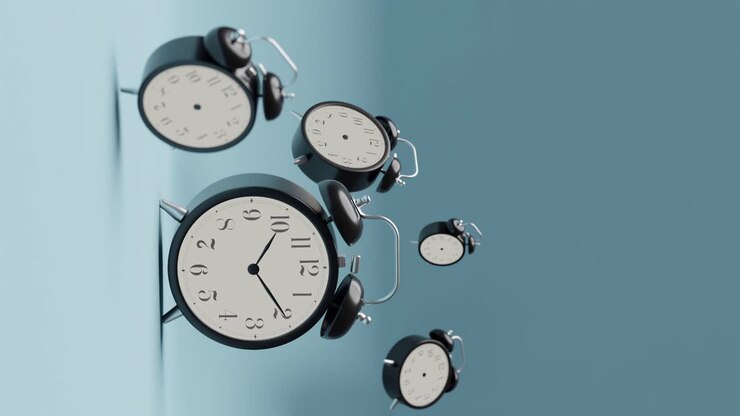 alarm clocks floating on a blue background. vertical