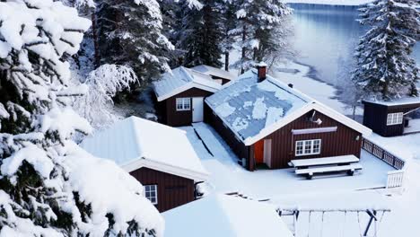 traditional norwegian cabin in snow - high angle shot