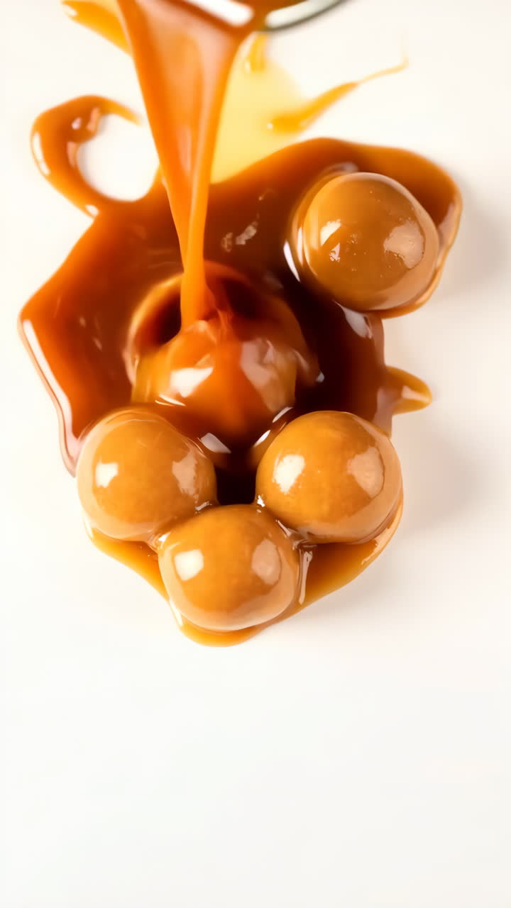 Salsa de caramelo y dulces sobre fondo blanco
