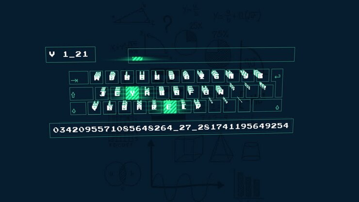 Animation of digital data processing over dark background
