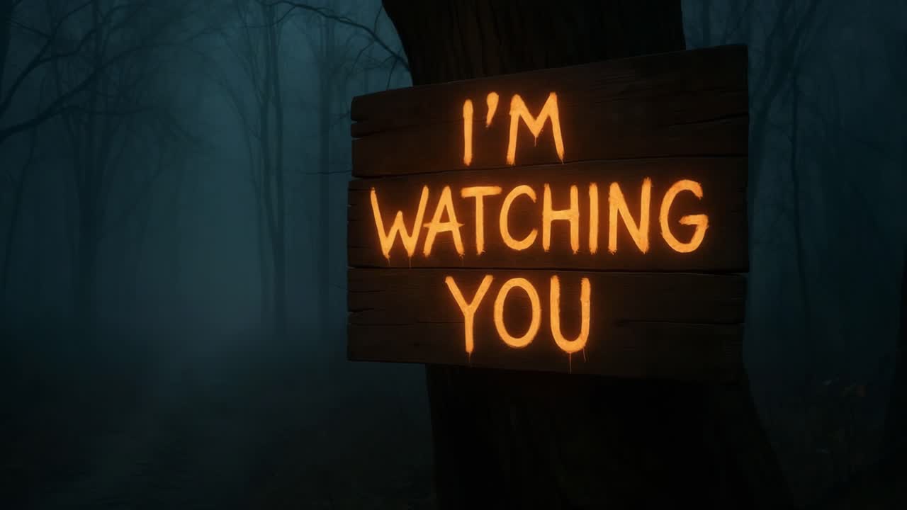 Mysterious wooden sign glowing in dark forest, conveying eerie message of surveillance