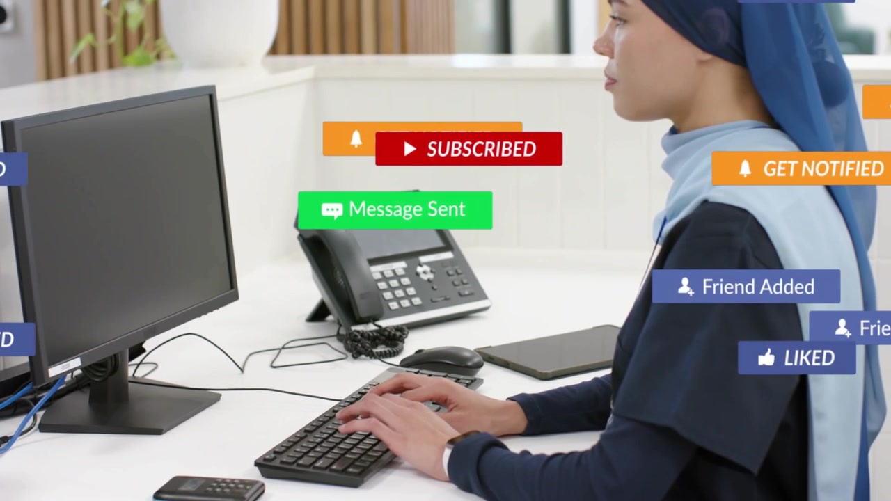 Typing woman navy uniform blue scarf at desk, alerts rising across screen then clearing, copy space