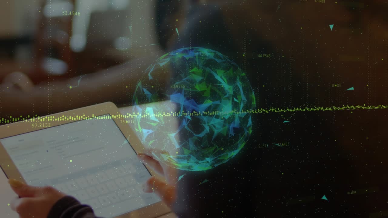 Student tapping tablet and turning head while animated globe, waveform overlaying view for learning