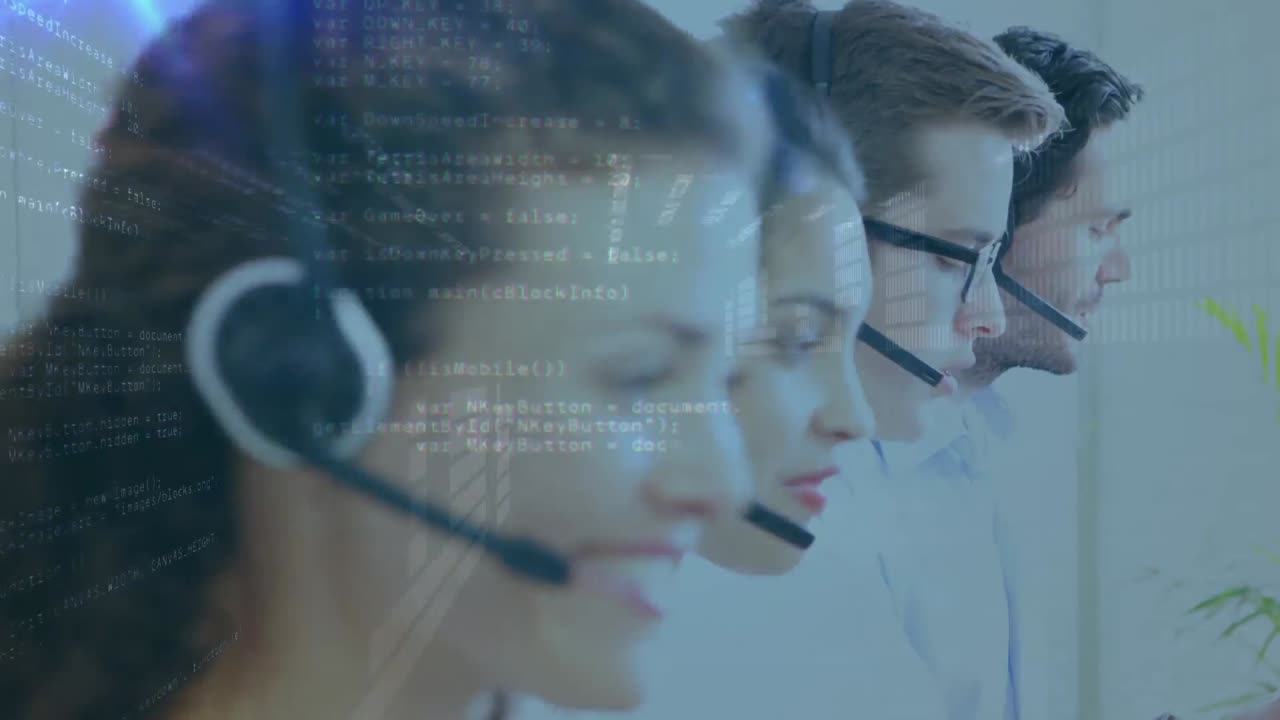 Animation of data processing and light trails over diverse business people using phone headsets