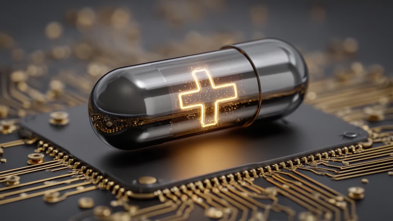 Una capsula futuristica e luminosa poggia su un circuito stampato ad alta tecnologia, che simboleggia la convergenza di medicina e tecnologia in un mondo guidato dall'innovazione e dal progresso.