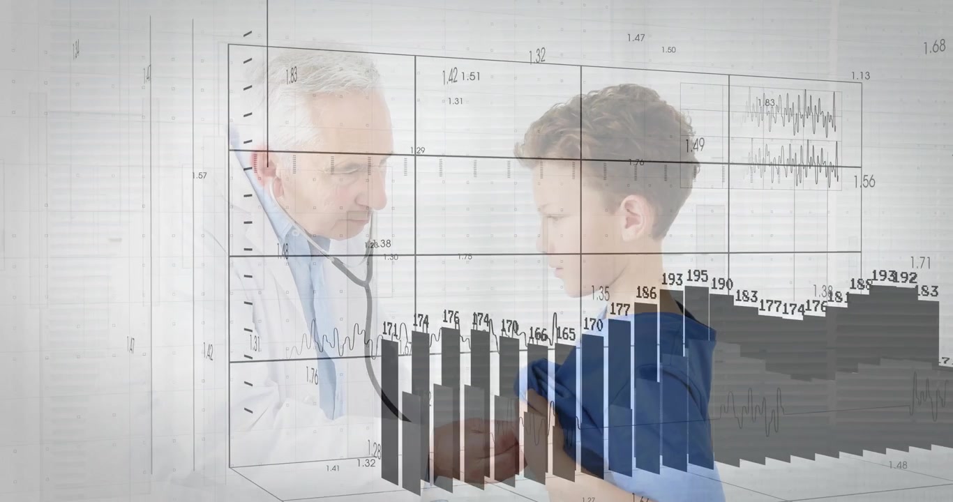 Lekarz przykładający stetoskop do chłopca podnoszącego koszulkę, pokazujący przezroczystą siatkę EKG, rosnący wykres słupkowy dla zdrowia.