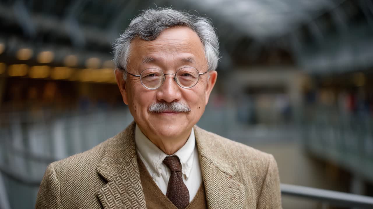 A Thoughtful Elderly Man with Glasses and a Distinguished Suit Posing for a Portrait in a Modern Indoor Space, Highlighting Wisdom and Experience