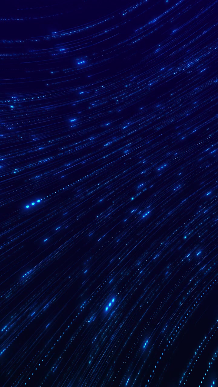 Sfondo blu con flusso di luce diagonale, scie luminose, tracce puntinate e profondità di movimento rapido.