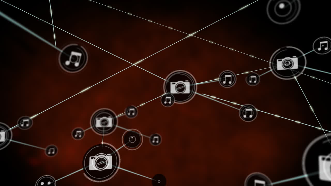 ilustración animada en 3d de las cámaras y los iconos de las notas musicales que se conectan a través de líneas digitales