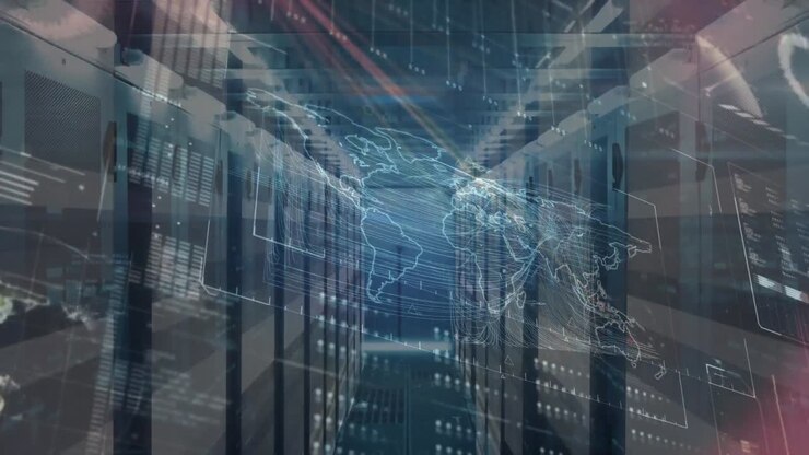 Animation of world map and data processing over server room