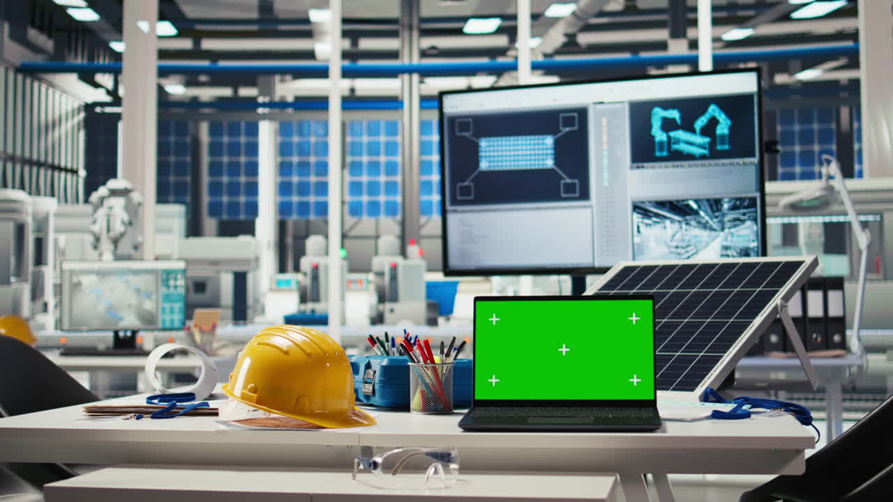 Green Screen Laptop In Photovoltaics Facility Used For Analyzing Data