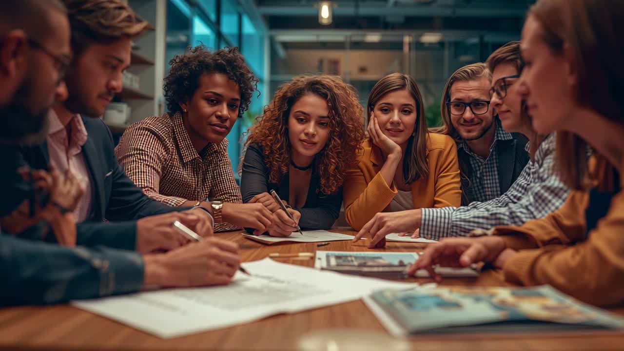 Leaning in to examine blueprint sheets, professionals refining project plan meeting room with pens