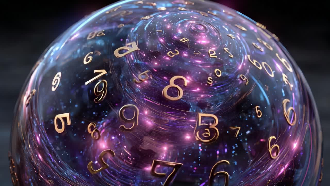 Abstract animation of golden numbers flowing inside a transparent sphere containing a swirling purple and blue cosmic nebula, representing concepts of numerology, physics, and the universe