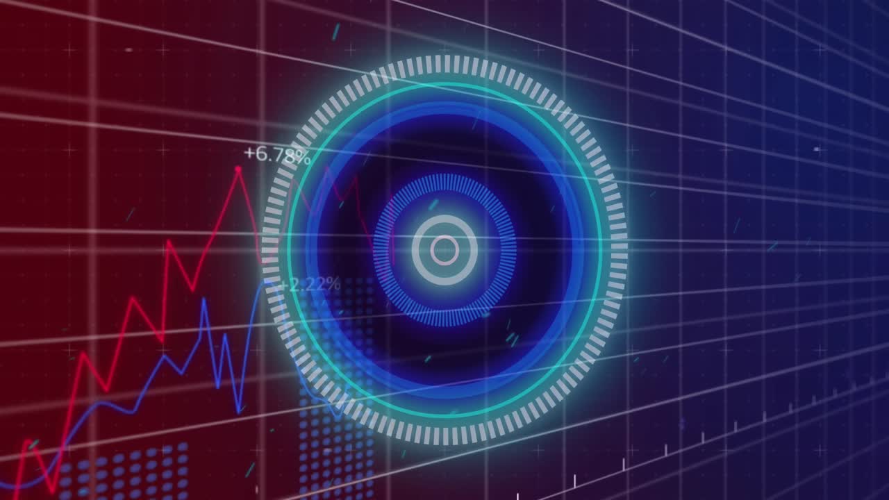 Animazione di cerchi illuminati su un motivo a griglia e più grafici su sfondo nero