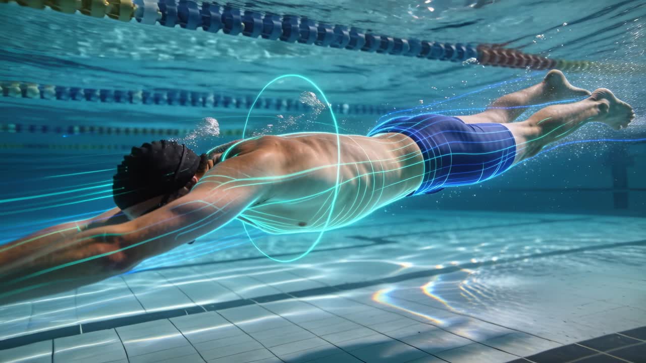 Gliding swimmer in cap jammers rotating and kicking training in pool with teal overlay lane ropes