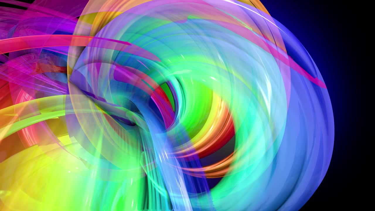 라인과 리본이있는 추상적인 배경으로 원으로 움직이는 네온 빛을 가진 무지개 색의 테이프의 4k 다채로운 루프 애니메이션. 루마 매트는 컴포지팅을위한 알파 채널로 포함되어 있습니다.