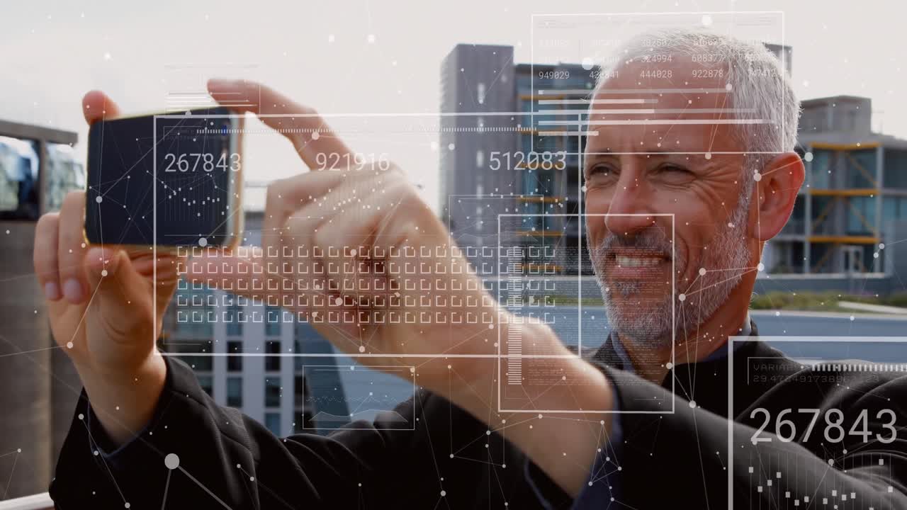 스마트 폰을 사용하는 백인 남성에 대한 금융 데이터 처리 애니메이션