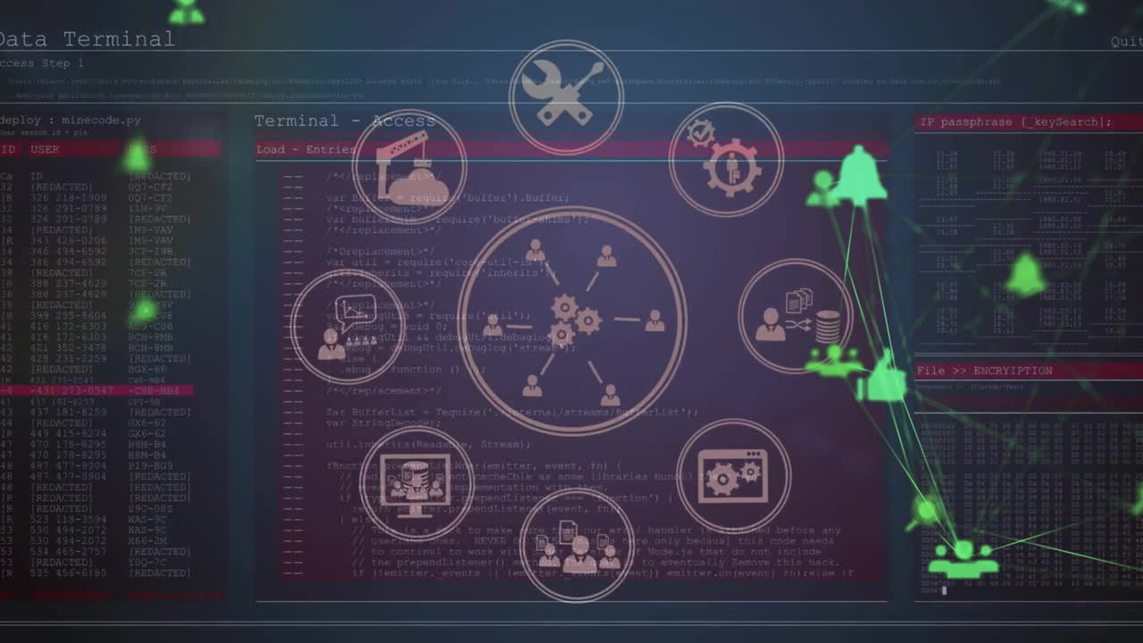 Animation of network of connections with business and media icons over data processing