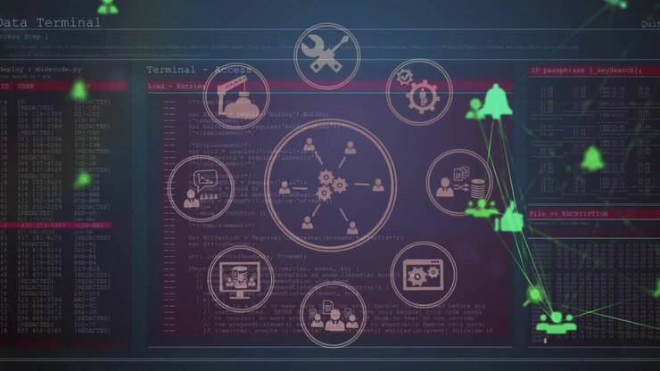 Animation of network of connections with business and media icons over data processing