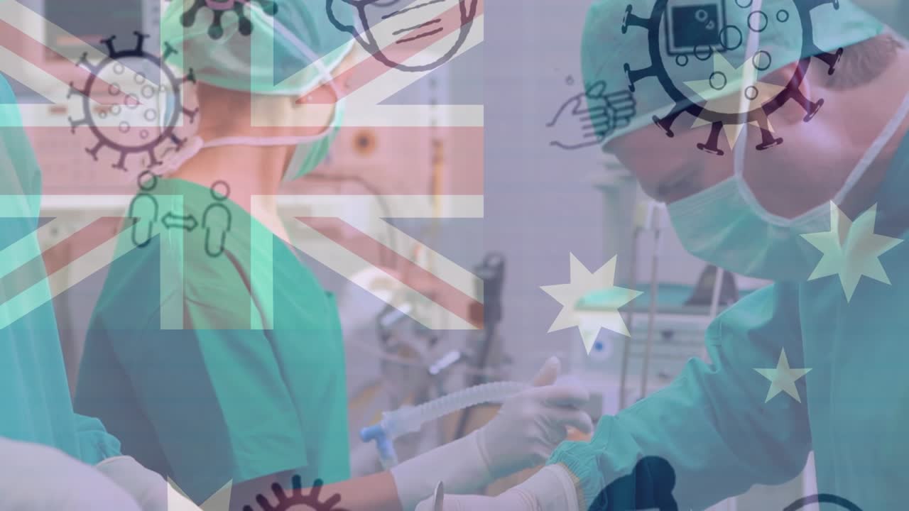 Animazione di icone COVID-19 sopra la bandiera dell'Australia e diversi chirurghi che indossano mascherine in