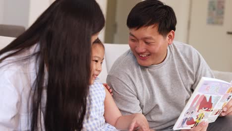 parents and child enjoy reading together in a cozy, well-lit room, fostering a warm and engaging family moment
