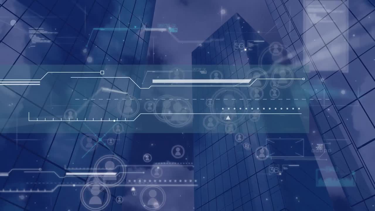 도시 풍경 위의 데이터 처리 및 아이콘의 애니메이션