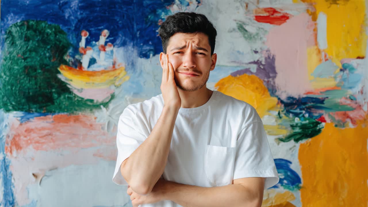 Un giovane uomo esprime dolore mentre si tiene il viso contro uno sfondo astratto colorato, catturando un intenso momento di emozione e vulnerabilità