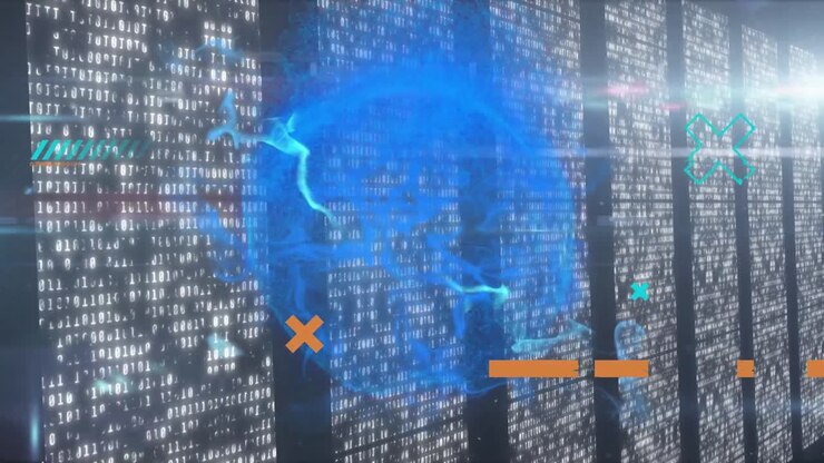 Animation of networks of connections and data processing over glowing computer servers
