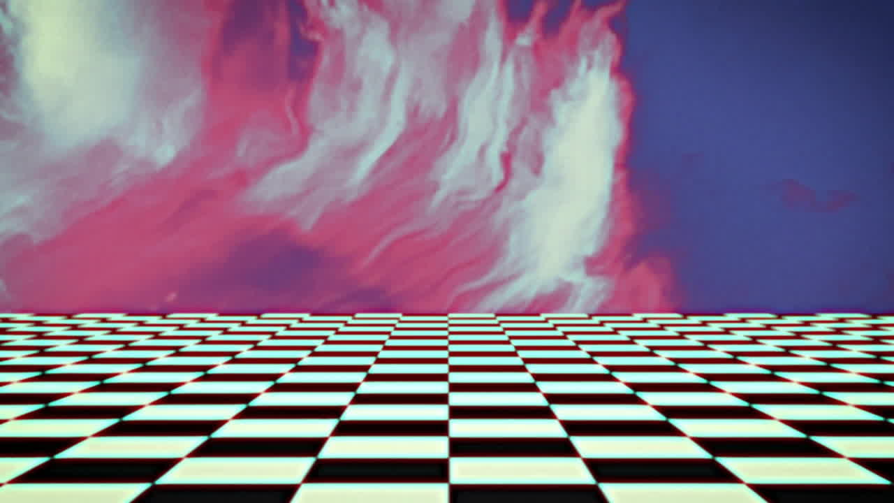 Animation of black and white squares over red shapes on blue background