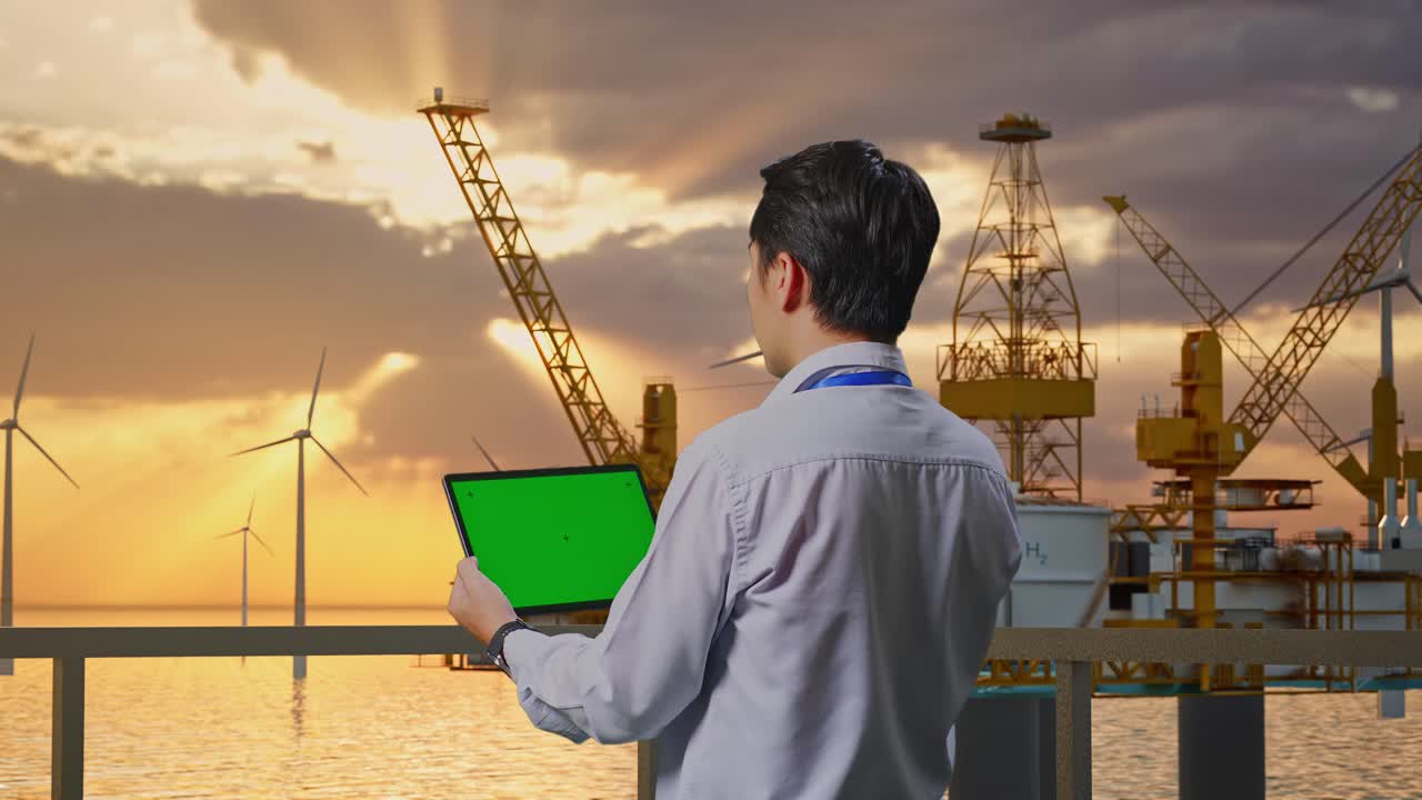 Back View Of An Asian Male Professional Worker Standing With Offshore Hydrogen Production, High-tech Industrial Facility, Checking On Tablet With Green Screen And Look At The Factory Once