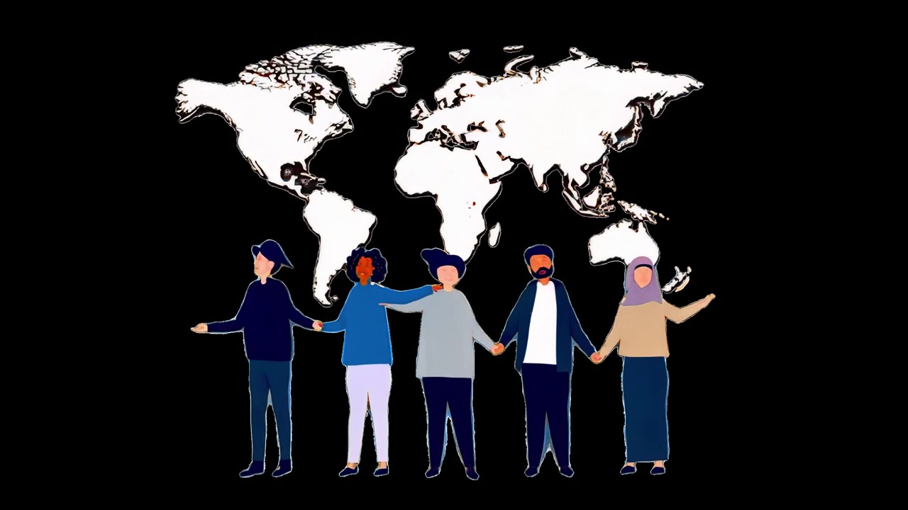 Diverse Group of People Holding Hands in Front of World Map