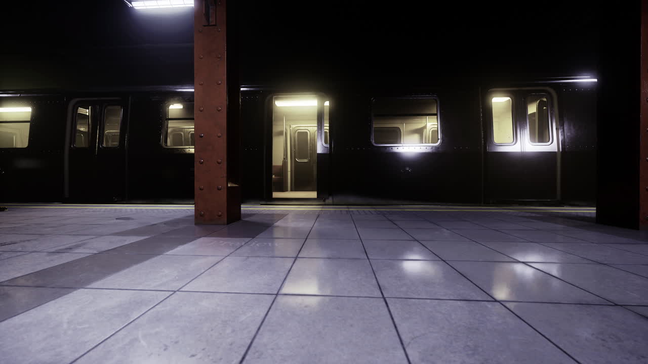 Subway train waiting at a dimly lit underground station during evening hours