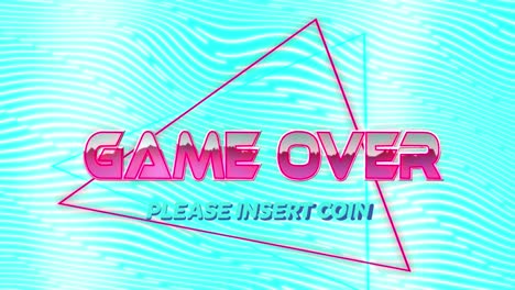 Animation-of-game-over-and-triangle-over-blue-and-white-wavy-background