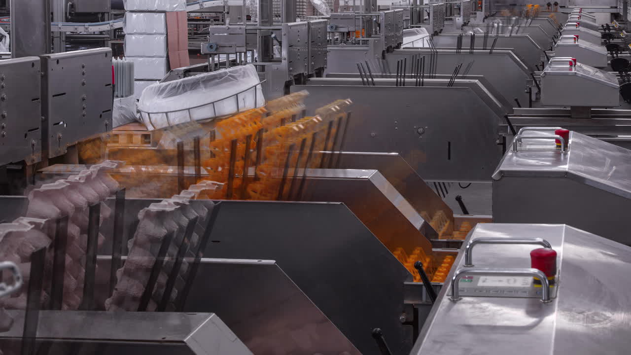 las máquinas de apilamiento de bandejas de huevos en una fábrica de embalaje en el trabajo