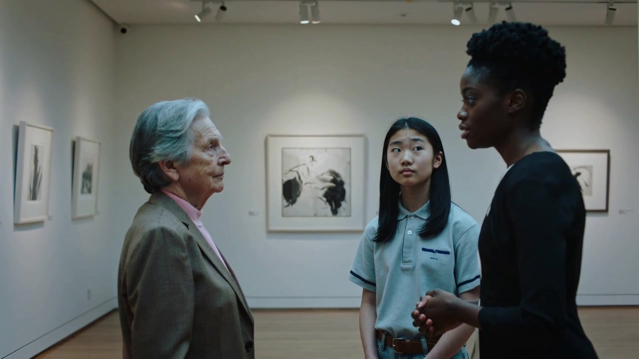 Guide en blazer noir posant la main sur une personne âgée et expliquant une estampe monochrome dans une galerie, espace pour texte