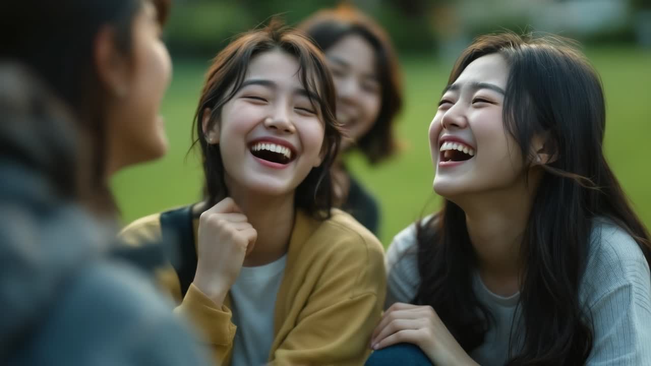 A group of young women laughing and socializing outdoors