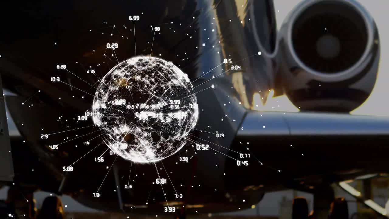 글로벌 네트워크 및 데이터 처리의 애니메이션 여객 제트 비행기