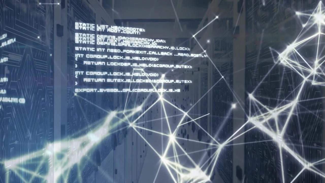 On startup materializing network overlay over server racks, code blocks shifting to show data flow