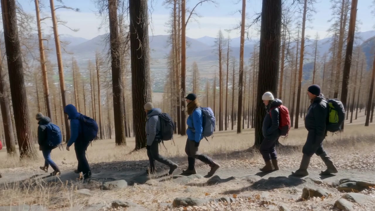 Escursionisti che camminano attraverso una foresta bruciata con cinque backpacker che scendono un sentiero montano roccioso, guida escursionistica.