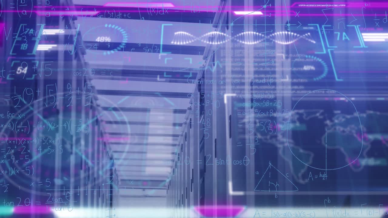 animación de la interfaz con procesamiento de datos y ecuaciones matemáticas contra la sala de servidores