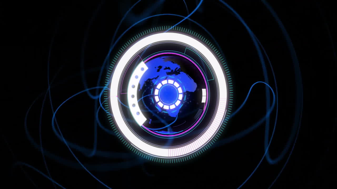 animación de interfaz circular futurista con elementos azules y blancos brillantes
